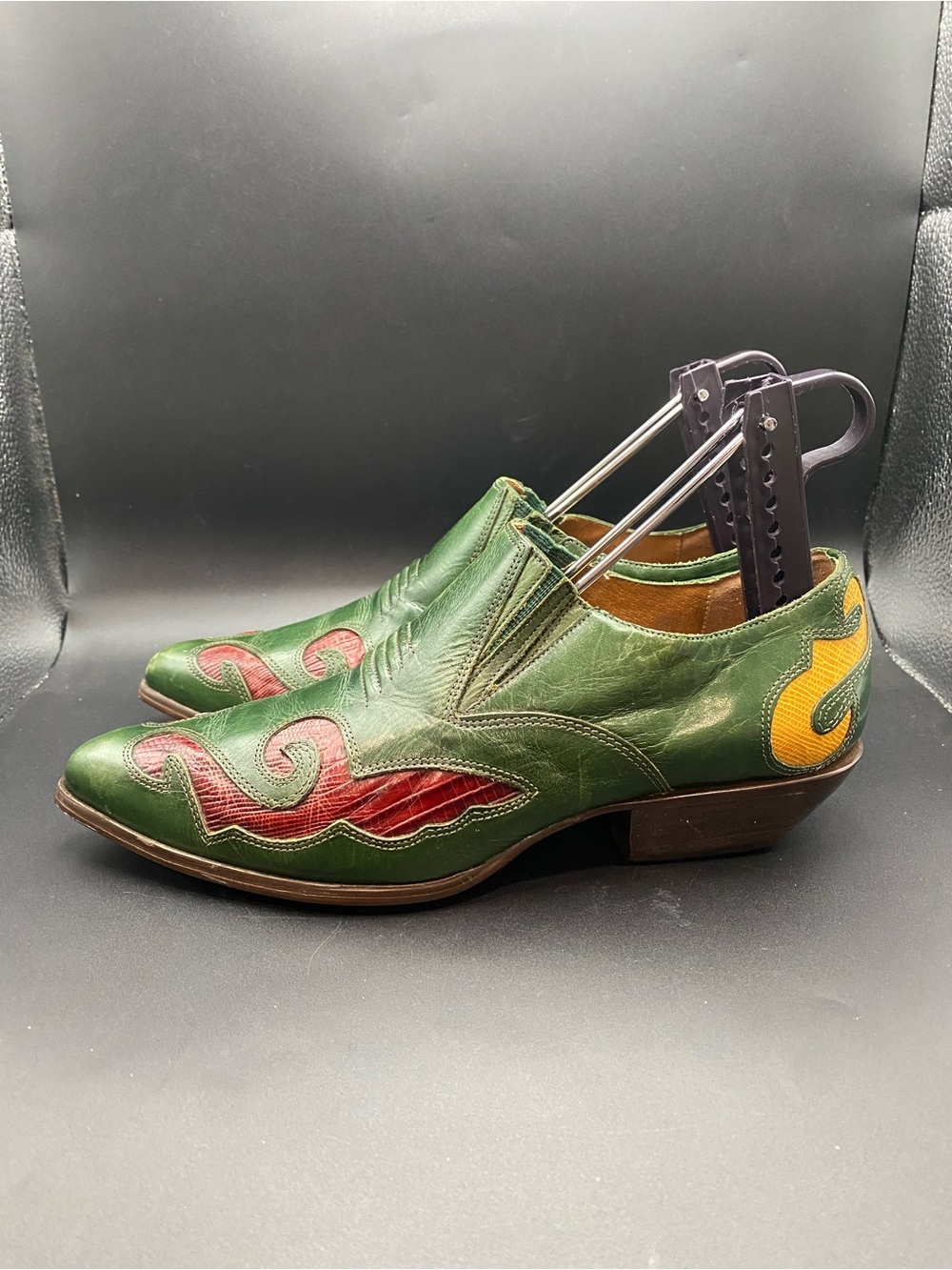 Vintage Nine West Aviva Western Inlay Green Leather Snakeskin Ankle Boots 7.5 M